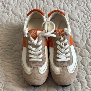 Tory Burch Orange and Tan Retro Sneakers